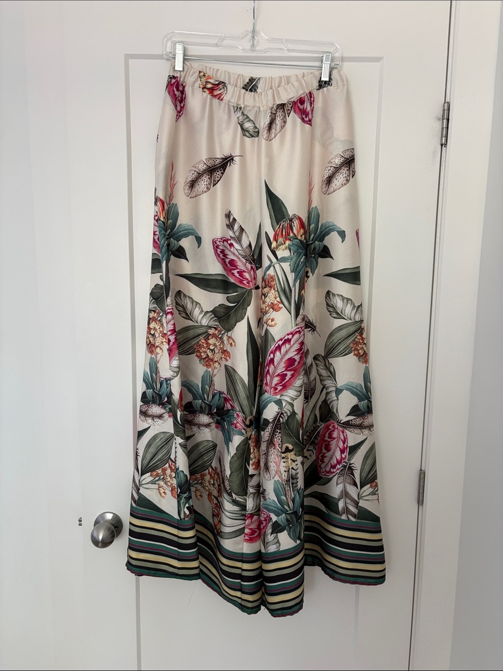 Floral Cream Maxi Skirt with Pink & Green Accents